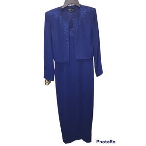 Vintage Rimini‎ By Shaw 2 Piece Long Dress Gown size 10 W/ Jacket Blue Embroided